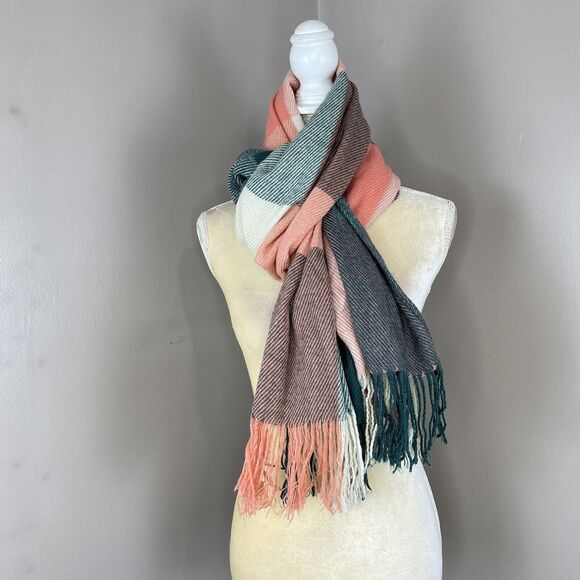 Unisex Multicolored Plaid Acrylic Fringe Scarf 70” x 24” Inches - Picture 10 of 16